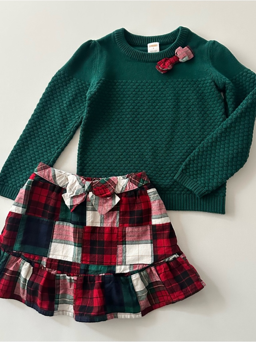 Gymboree Girls 6 Green Bow Sweater & Red Plaid Skort Set Christmas Holiday